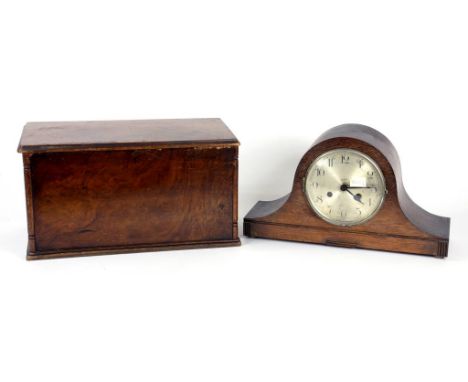A WALNUT BOX, 42CM W AND AN OAK MANTLE CLOCK