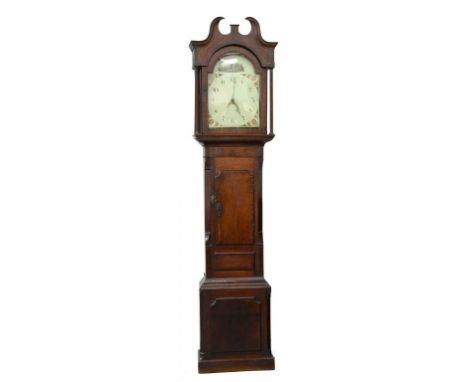 A VICTORIAN OAK AND CROSSBANDED LONGCASE CLOCK WITH PAINTED DIAL