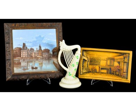 A BELLEEK SHAMROCK  HARP ORNAMENT, 22CM H, SEPIA PRINTED MARK, A FRENCH EARTHENWARE TILE DECORATED WITH A CHATEAU SET IN A CA