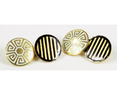 A PAIR OF GOLD AND WHITE AND BLACK ENAMEL CUFFLINKS, MARKED 18, PROBABLY 1930'S, 8.4G GROSS