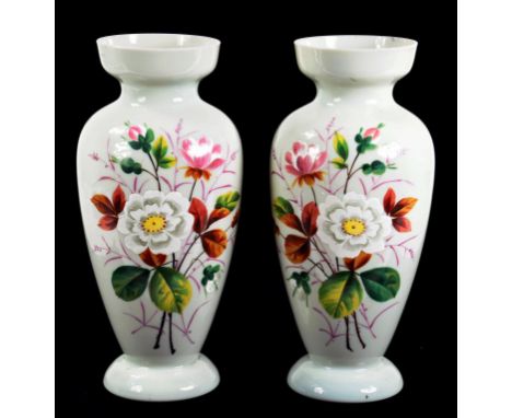 A PAIR OF VICTORIAN FLORAL PAINTED OPAL GLASS VASES, 31CM HIGH