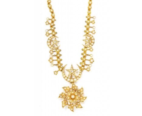 A DIAMOND, CULTURED PEARL, SPLIT PEARL AND GOLD NECKLACE OF CRESCENT AND STAR DESIGN, WITH A DEMOUNTABLE PENDANT, CIRCA 1890,
