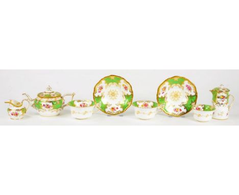 A COALPORT APPLE GREEN BATWING PATTERN TEA SERVICE FOR TWO, TEAPOT 9CM  HIGH, PRINTED MARK, c 1900