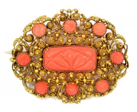 A FINE VICTORIAN GOLD CANNETILLE AND CARVED CORAL BROOCH, 9.6G GROSS