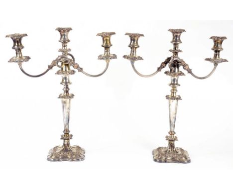 A PAIR OF EPNS THREE LIGHT CANDELABRA, 47CM H, CIRCA 1900