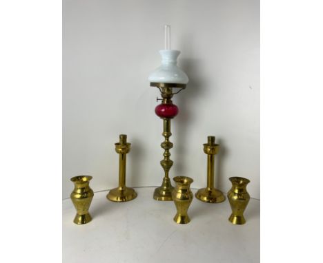 Candlestick Oil Lamp, Oil Lamp Bases and 3x Brass Vases 