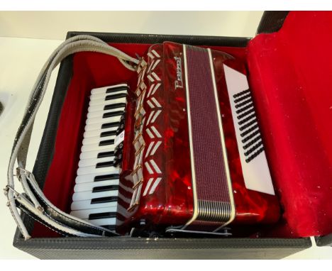 1970s - 1980s Parrot Red Accordion 96 Bass, 37 Treble - Keys in Case 