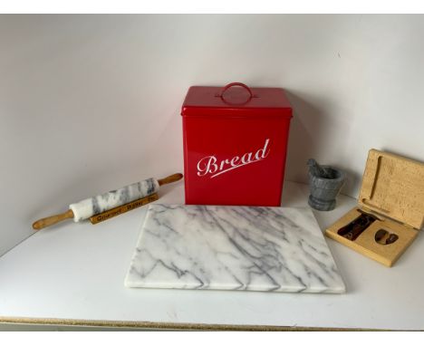 Marble Kitchen Slab, Rolling Pin, Pestle and Mortar, Bread Bin and Corkscrew 