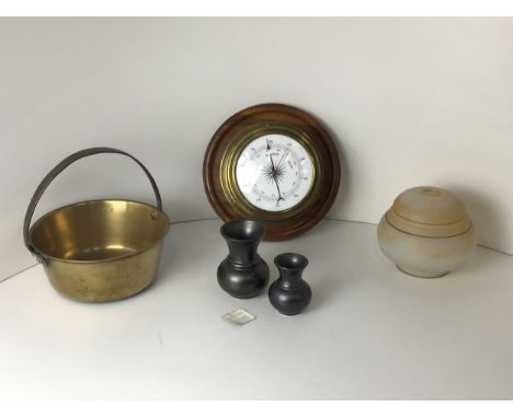 Vintage Shade, Barometer, Prinknash Pottery Vases and Brass Pan 