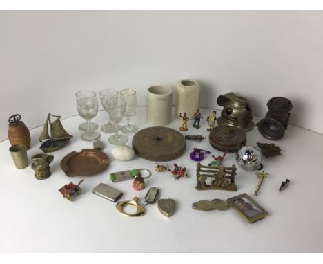 Box of Collectables - Brassware, Vintage Glasses, Tape Measure etc 