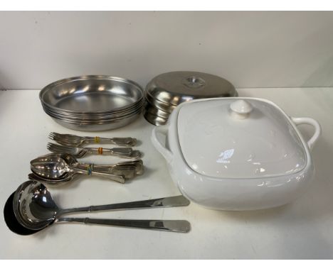 Ceramic Tureen, Stainless Steel Serving Dishes and Cutlery etc 