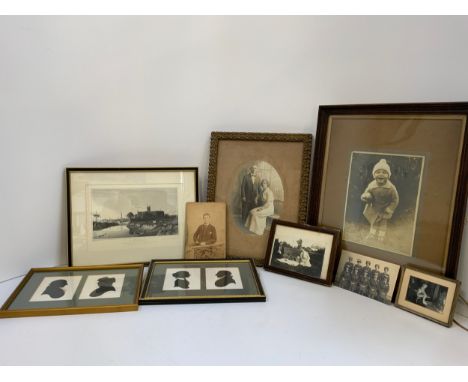 Framed Georgian Silhouettes, Framed Engraving City of Worcester and Framed Family Photos etc 