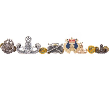 EXPLOSIVE ORDNANCE DEACTIVATION, BADGES AND PENDANT comprising a yellow metal pendant marked 14K, three white metal pin badge