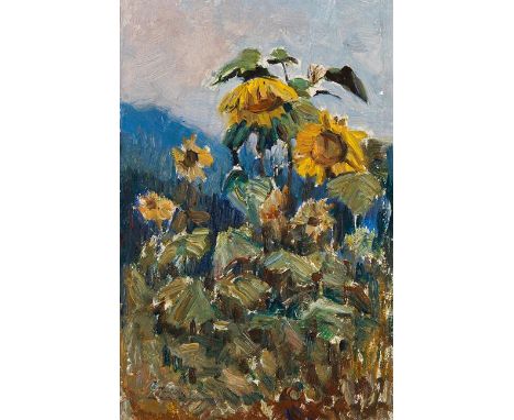 Marie EgnerSonnenblumenstudieum 1906Öl auf Karton23,3 x 15 cmSchwach sichtbarer Signaturstempel links unten: M EgnerRückseiti