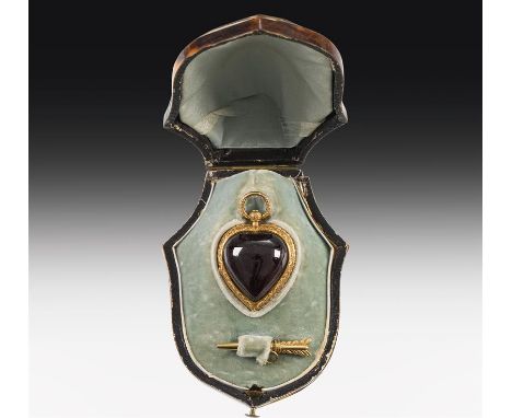 Seltene Schmuckuhr, Patek Philippe18 Karat Gold; das Gehäuse mit je in einem herzförmigen, in Gold gefassten Granat Cabochon;