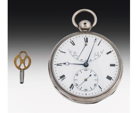 Taschenuhr-Chronometer, J. F. HourietSilber; Schlüsselaufzug; Emailzifferblatt, Chronometergang, Feinregulierungsskala von wa