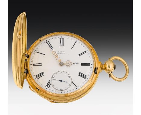 Goldener Chronometer, Dent18 Karat Gold; der Deckel und Rückdeckel mit Moosguillochierung; Emailzifferblatt mit kleiner Sekun