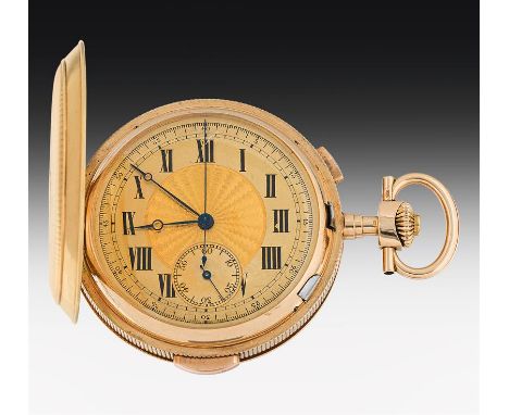 Goldene Doppelmantel-Taschenuhr14 Karat Gold; der Deckel und Rückdeckel mit Strahlen-Guillochierung und Zierschild; Goldziffe