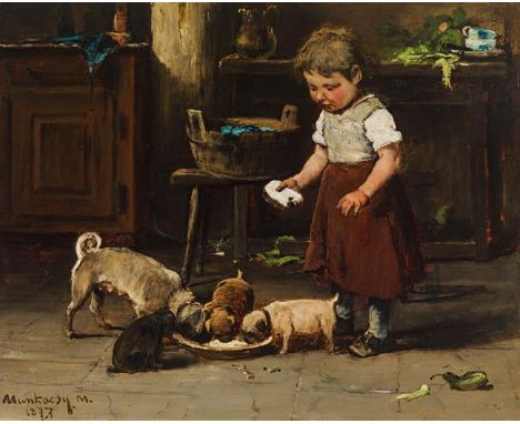 Mihály von MunkácsyKleines Mädchen mit Hundefamilie1877Öl auf Holz38,5 x 46,7 cmSigniert und datiert links unten: Munkacsy. M
