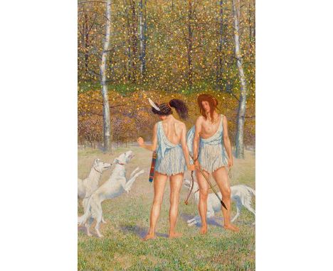 Friedrich KönigJägerinnen1906Öl auf Leinwand158 x 105 cmSigniert und datiert rechts unten: F. König / 1906Rückseitig Etikett: