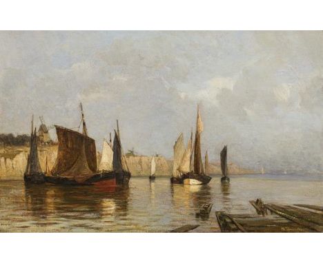 Marie von Parmentier"Marine mit Windmühle"um 1878Öl auf Holz34 x 54,5 cmSigniert rechts unten: M. ParmentierRückseitig Ausste