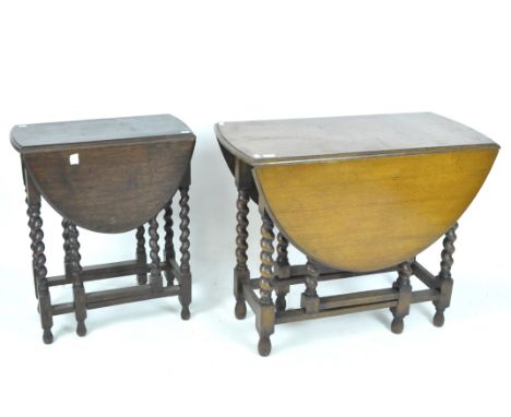 Two oak drop leaf and gate leg tables, raised on barley twist supports, 71cm x 93cm x 122cm &amp; 72cm x 60cm x 90cm