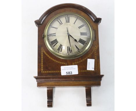 An Edwardian mahogany wall clock, with inlaid stringing detailing, the dial with Roman numerals denoting hours, 25cm x 16cm