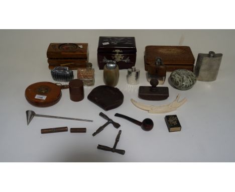 An assortment of collectables, to include a James Dixon &amp; Sons silver plated and leather hip flask, two railway keys, clo