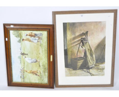 Two prints depicting golfing subjects, one of figures playing a round by Douglas West, 36cm x 54cm, the other a signed print 