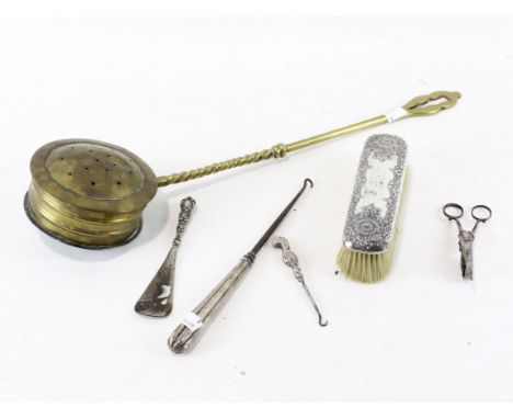 An assortment of metalware, to include a brass chestnut roaster, a clothes brush, silver plated candle snuffer, scissors, two