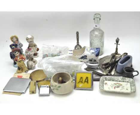 An assortment of ceramics and collectables, including glass marbles, an AA badge, Ronson table lighter, a Delft shoe and more