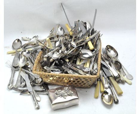 A collection of silver plate wares, including flatware, sugar tongs, a necklace and cross pendant and a hinged box
