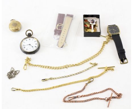 A collection of pocket watches and accessories, including watch chains, enamel badges, watch straps, a Vintrix pocket watch i