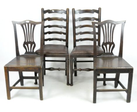 Two pairs of late 19th &amp; early 20th century chairs, all with wooden frames, one pair with a pierced back and curved top, 