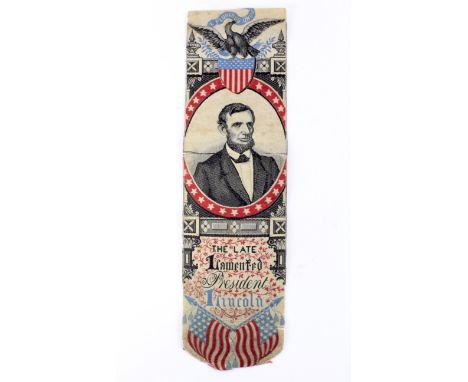 A woven silk Stevengraph Bookmark commemorating 'The Late, Lamented President Lincoln,' 1865, featuring an image of the presi