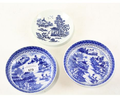 Three 19th century blue and white glazed ceramic dishes, each depicting traditional Oriental scenes, largest 13cm diameter