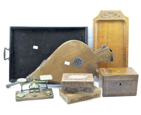 An assortment of collectables, including a pair of bellows, a set of scales with weights, an inlaid veneered tea caddy and tw