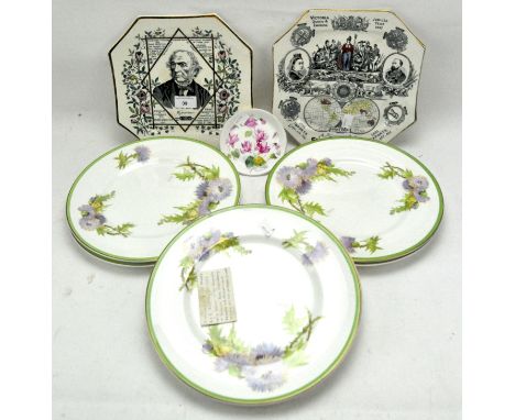 A collection of 20th century ceramic plates, including a set of six Royal Doulton plates in 'Glamis Thimble' pattern, two com