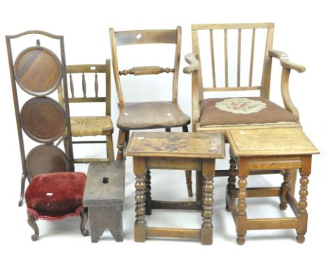A collection of 19th &amp; 20th century furniture, including three chairs, four stools and a three tier folding cake stand, a