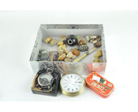 An assortment of ceramics and collectables, including Wade whimsies, a nutcracker, fruit knife, copper chain and more