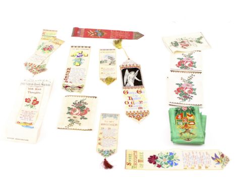 An 'Ancient Order of Foresters' sash with woven silk bookmarks and patches, the bookmarks and patches decorated with flowers,