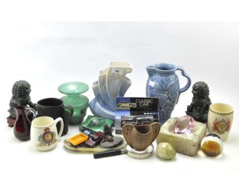 A group of ceramic and stone collectables, to include a malachite and stone ashtrays, a blue Wade jug, commemorative cups, an