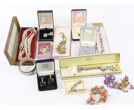 A collection of costume jewellery, including a rolled gold brooch, a 9ct gold cameo ring, silver bangle, a pearl choker, silv