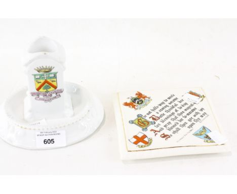 Two items of Wade ceramics, one an ash tray with a central pillar bearing the Cheltenham crest, height 13cm, the other a squa