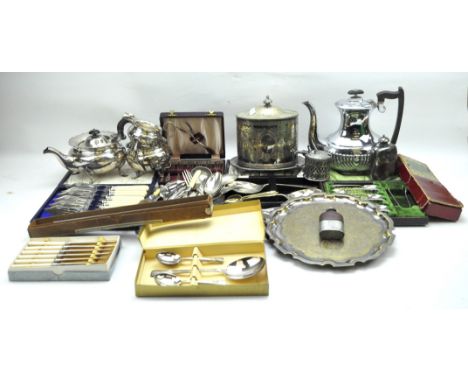 A collection of 19th and 20th century silver plate, to include flatware, teapots, a tea caddy, milk jug, hip flask and more, 