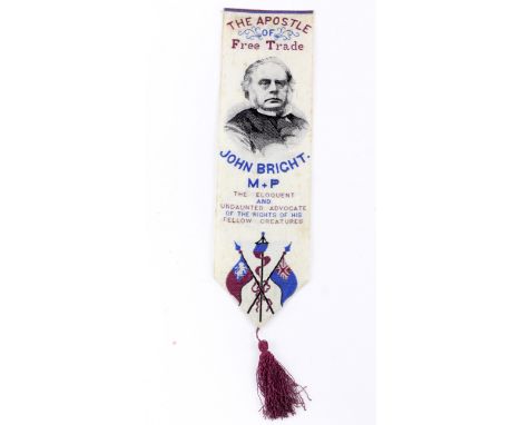 A woven silk Stevengraph bookmark featuring 'John Bright', featuring an image of the individual with the words 'The Apostle o