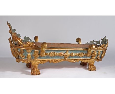 Unusual 18th Century Italian planter, with gilt pierced acanthus leaf and berry carved head and foot, the tapering metal line