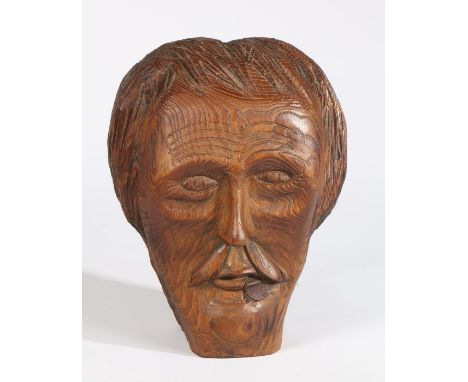 20th Century folk art portrait bust, of a moustached man, 30cm high