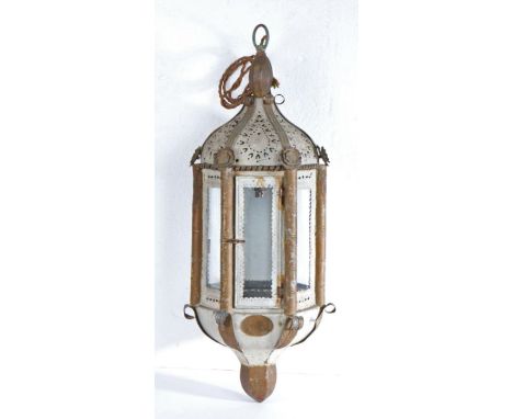 Decorative sheet metal hanging lamp, with a glazed panel centre, 58cm high