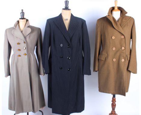 A Women's Land Army brown wool greatcoat, dated 1941; with a Marlbeck, a 1940s coat with the CC41 Utility label, a blue pin-s